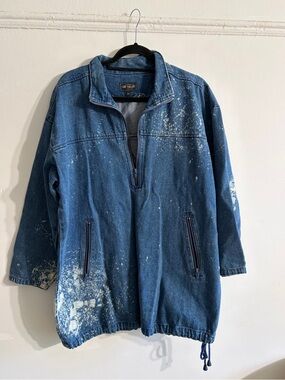 Men's Quarter zip Blue Denim Pullover Jacket with Acid Bleach- Splatter Detail M